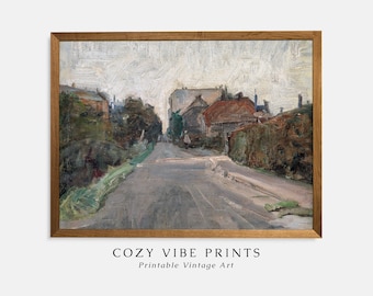 Vintage Village Street Painting: Impressionist Farmhouse Wall Art (Digital Download)