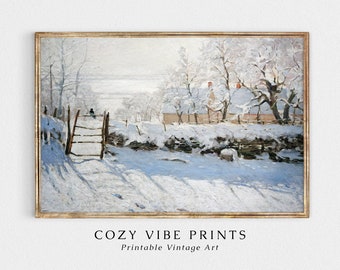Vintage winterlandschapsschilderij: kerstdecor besneeuwd dorp (digitale download)