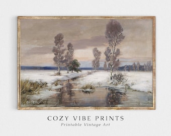 Vintage Winter Landscape Art Print: Snowy Farmhouse Oil Painting (Digital Download)