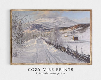 Vintage Winter Landscape Painting: Snowy Farmhouse Art (Digital Download)