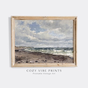 Vintage Seaside Landscape Oil Painting, Ocean Waves Print, Printable Wall Art, Rustic Coastal Artwork, Rocky Beach Decor, DIGITAL DOWNLOAD