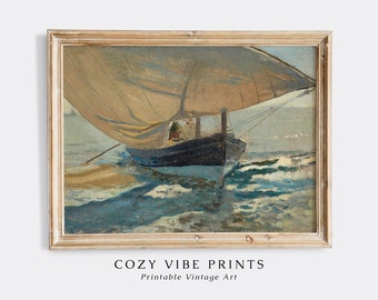 Vintage Fishing Boat Seascape Painting: Neutral Nautical Print (Digital Download)