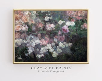 Pintura al óleo vintage de un jardín de rosas: Impresión floral de estilo rústico (descarga digital)