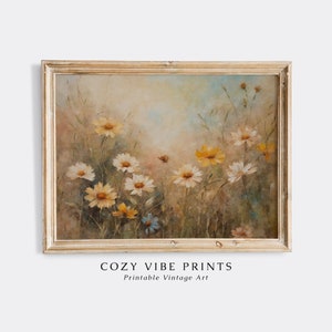 Vintage Daisies Painting, Printable Wall Art, Floral Farmhouse Print, Spring Flowers Field, Wildflowers Landscape Decor, DIGITAL DOWNLOAD