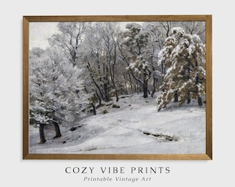 Winter Forest Landscape Painting: Vintage Snowy Trees Print (Digital Download)