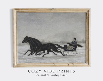 May include: A vintage painting of a horse-drawn sleigh with three black horses running through a snowy landscape. The driver is wearing a dark coat and hat. The painting is framed in a light wood frame.