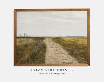 Vintage Country Road Oil Painting: Muted Green Landscape (Digital Download)