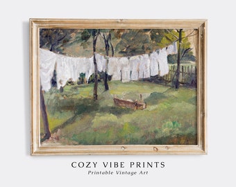 Vintage Laundry Room Oil Painting: Rustic Clothesline Wall Art (Digital Download)