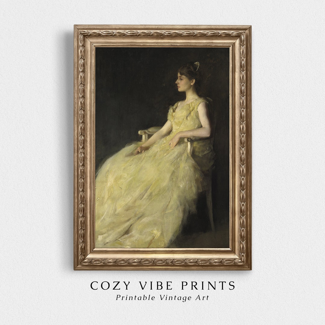 A Woman in a Yellow Dress Portrait Painting, Printable Vintage Wall Art ...