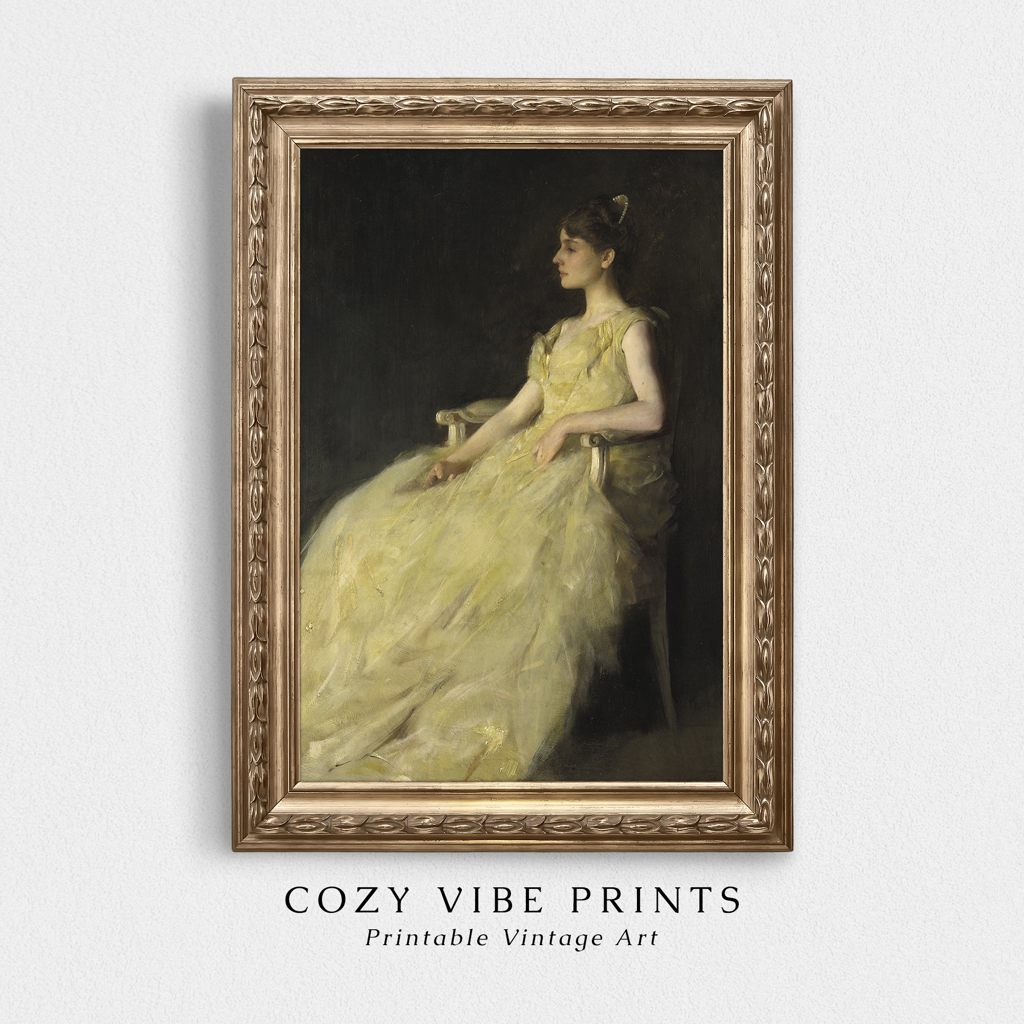 A Woman in a Yellow Dress Portrait Painting, Printable Vintage Wall Art ...