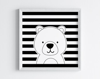 Bear Nursery Print: Black and White Striped Background (Digital Download)