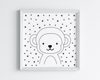 Monkey Nursery Print: Black and White Stars, Modern Decor (Digital Download)