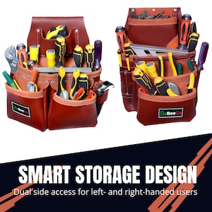May include: Two brown leather tool belts filled with various tools, including screwdrivers, pliers, and a level. The belts have multiple pockets and the text "ZaBeeCo" is visible on the front. The image also includes the text "SMART STORAGE DESIGN".