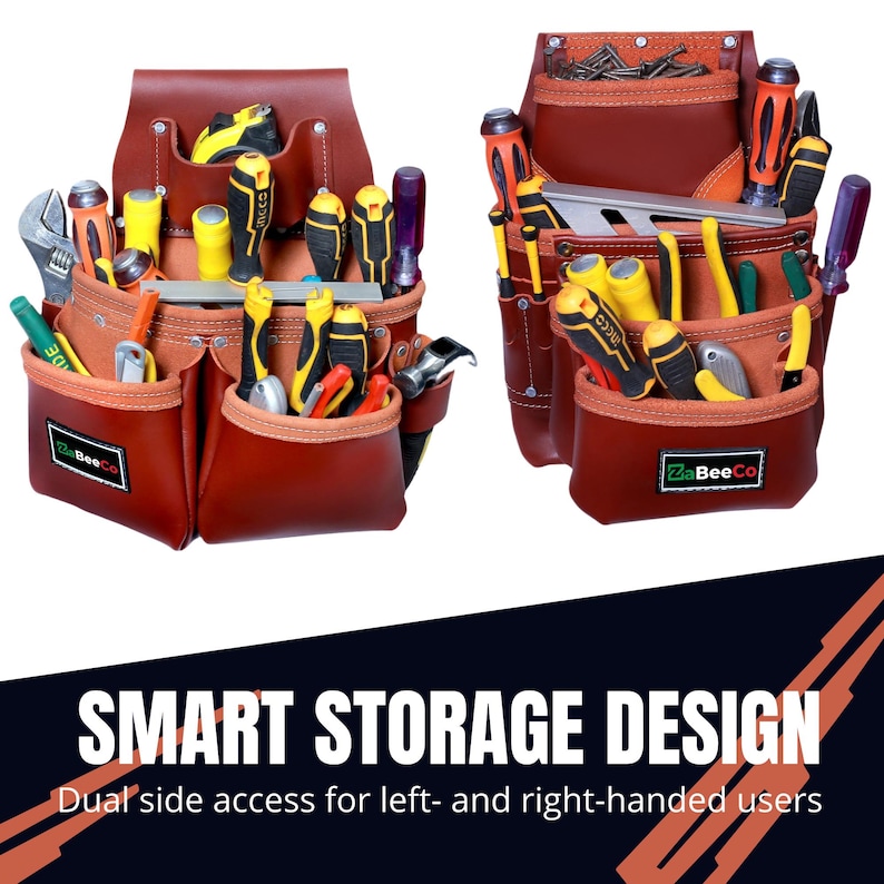 May include: Two brown leather tool belts filled with various tools, including screwdrivers, pliers, and a level. The belts have multiple pockets and the text "ZaBeeCo" is visible on the front. The image also includes the text "SMART STORAGE DESIGN".