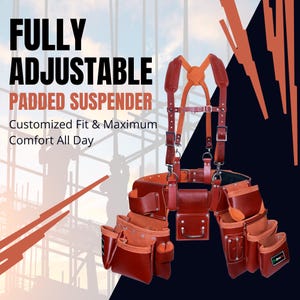 May include: A fully adjustable, padded suspender tool belt in shades of brown and orange. The belt features multiple pockets and pouches for tools, with the text "Fully Adjustable Padded Suspender" and "Customized Fit & Maximum Comfort All Day".