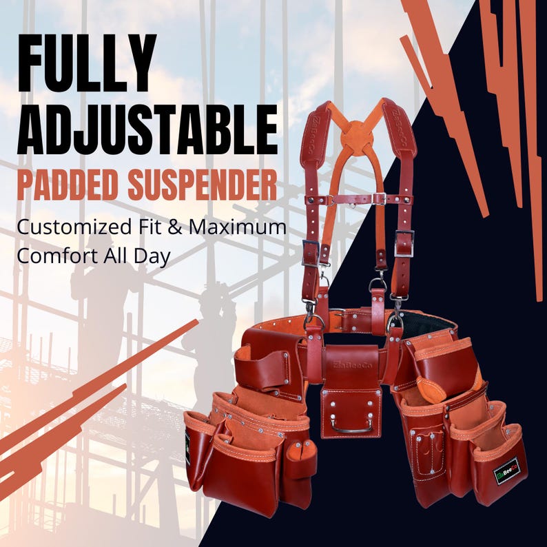 May include: A fully adjustable, padded suspender tool belt in shades of brown and orange. The belt features multiple pockets and pouches for tools, with the text "Fully Adjustable Padded Suspender" and "Customized Fit & Maximum Comfort All Day".