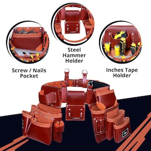 May include: A brown leather tool belt with multiple pockets and holders for tools. The belt includes a steel hammer holder, a pocket for screws and nails, and an inches tape holder. The belt is designed for construction or carpentry work.