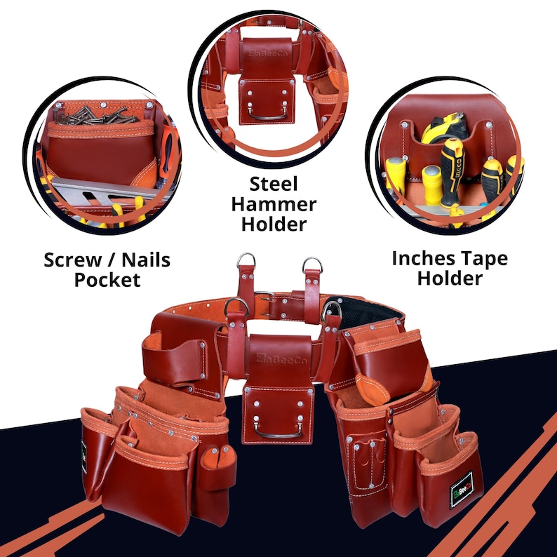 May include: A brown leather tool belt with multiple pockets and holders for tools. The belt includes a steel hammer holder, a pocket for screws and nails, and an inches tape holder. The belt is designed for construction or carpentry work.