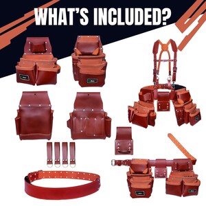 May include: A collection of brown leather tool belts and pouches, including a belt with multiple pockets, suspenders, and various pouches. The image includes the text "WHAT'S INCLUDED?"