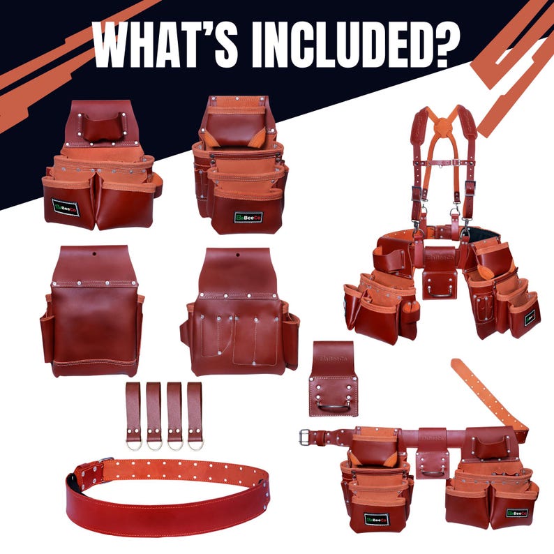 May include: A collection of brown leather tool belts and pouches, including a belt with multiple pockets, suspenders, and various pouches. The image includes the text "WHAT'S INCLUDED?"