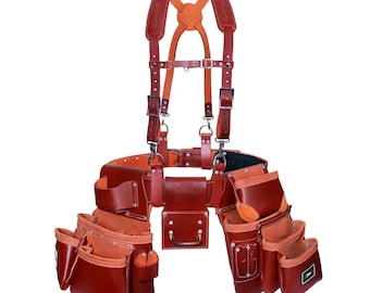 Leather Tool Belt with Suspenders – Carpenter, Electrician, Framers, Roofers, Construction & Work Belt with Shoulder Straps | Made in Italy