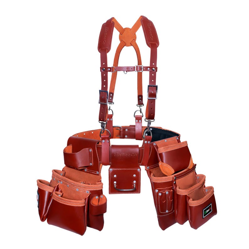 May include: A brown leather tool belt with multiple pockets and pouches, suspended by brown leather suspenders. The tool belt has a central pouch with a handle and is designed for carrying tools. The suspenders are attached to the belt with metal hardware.