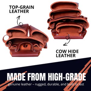 May include: Two brown leather tool pouches are displayed, showcasing top-grain and cowhide leather construction. The image highlights the rugged, durable design, with the text "MADE FROM HIGH-GRADE" and "genuine leather - rugged, durable, and built to last".