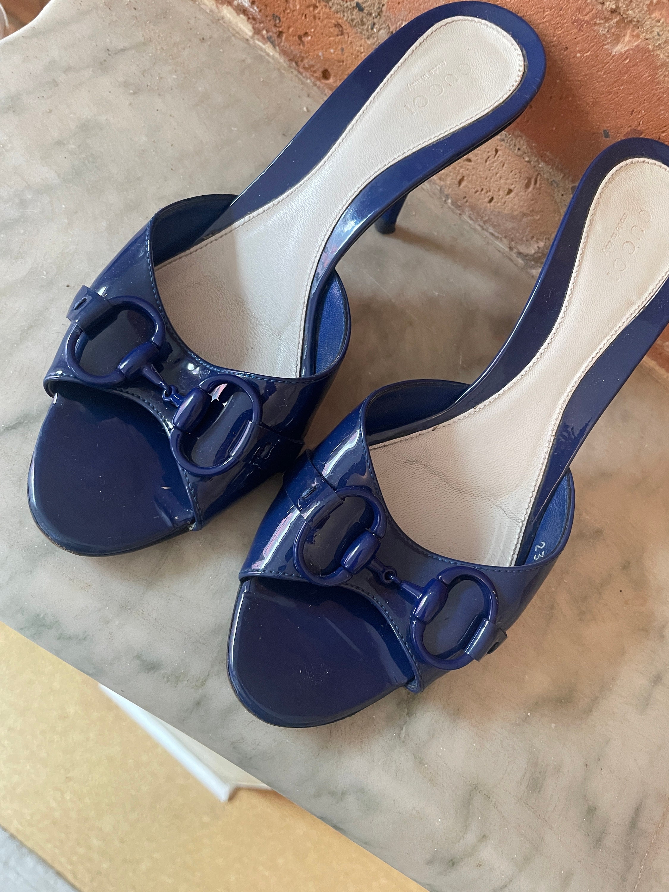 LOUIS VUITTON Y2K blue denim buckle leather high heel mule sandal EU37 at  1stDibs