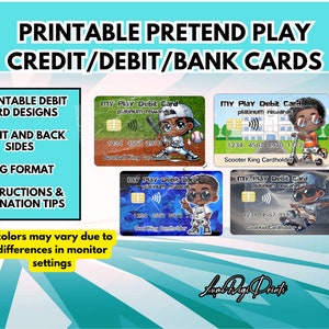Tarjetas de débito de crédito de juego de simulación imprimibles, tarjetas de crédito para niños imprimibles, descarga instantánea, tarjetas de crédito falsas para niños, tarjetas de juego BANK
