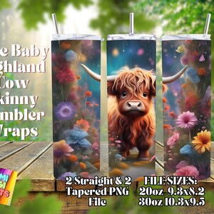 Cute Baby Highland Cow Watercolor Tumbler Wraps PNG, 20 oz Skinny Tumbler Sublimation Design, Straight & Tapered Wrap, Tumbler Wrap,