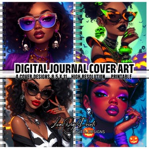 Puede incluir: Portada de diario digital con cuatro diseños, cada uno con una mujer elegante de piel oscura, con gafas de sol y joyas con temática de Halloween. El texto dice "DIGITAL JOURNAL COVER ART, 4 COVER DESIGNS 8.5 X 11 HIGH RESOLUTION PRINTABLE."