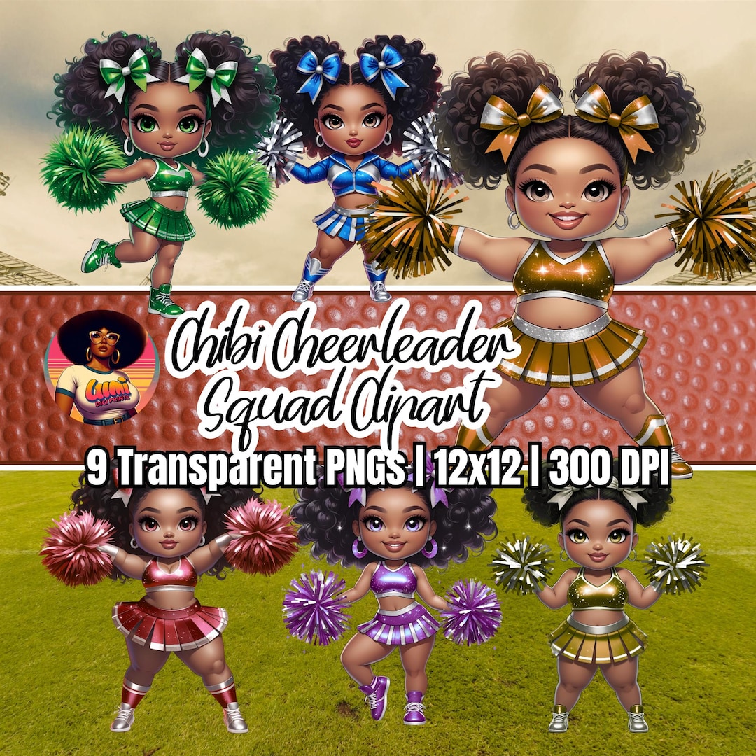 African American Chibi Cheerleader Clipart | Black Girl Squad for ...