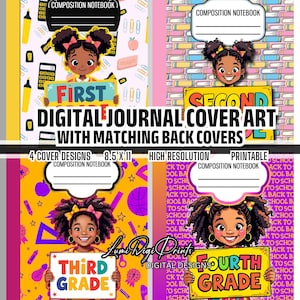 Printable Notebook Cover for Black Girls, Digital Journal for Students, Back to School Supplies, Sweet Scholars Kids Art PNG