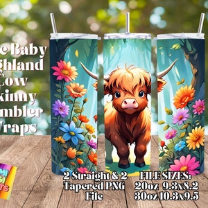 Cute Baby Highland Cow Watercolor Tumbler Wraps PNG, 20 oz Skinny Tumbler Sublimation Design, Straight & Tapered Wrap, Tumbler Wrap,