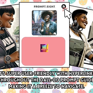May include: A digital art print featuring a woman with short black hair wearing a denim jacket and a black choker necklace. The woman is standing in front of a city skyline. The print is titled "PROMPT EIGHT" and is available from LUMIDIGIPRINTS.