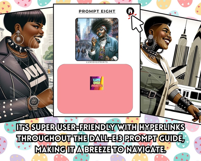 May include: A digital art print featuring a woman with short black hair wearing a denim jacket and a black choker necklace. The woman is standing in front of a city skyline. The print is titled "PROMPT EIGHT" and is available from LUMIDIGIPRINTS.