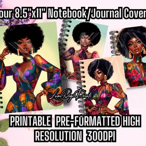 Printable Journal Covers, 4 Editable Journal Covers, Afrocentric Journal Covers, Vintage Afro Notebook Cover Art, Notebook Instant Download