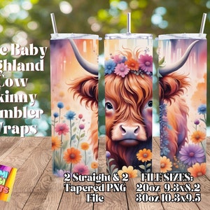 Cute Baby Highland Cow Watercolor Tumbler Wraps PNG, 20 oz Skinny Tumbler Sublimation Design, Straight & Tapered Wrap, Tumbler Wrap