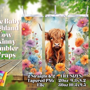 Cute Baby Highland Cow Watercolor Tumbler Wraps PNG, 20 oz Skinny Tumbler Sublimation Design, Straight & Tapered Wrap, Tumbler Wrap