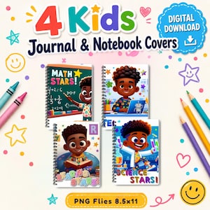 Black Boy Notebook Covers | Reading, Math, Science, Tech Stars PNG Digital Download
