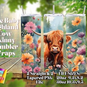Cute Baby Highland Cow Watercolor Tumbler Wraps PNG, 20 oz Skinny Tumbler Sublimation Design, Straight & Tapered Wrap, Tumbler Wrap