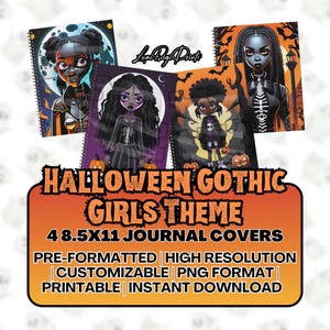 Halloween Journal Covers, Printable Journal Covers | Gothic Black Girl | Journals and Notebooks Covers | Digital Notebook Cover | Printables