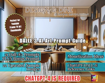 May include: A guide to using DALL-E 3 for creating AI art, featuring 21 prompts, a bonus prompt, 22 upscaled sample images, monetization ideas, and ChatGPT/DALL-E reference links. The text "CHATGPT-4 IS REQUIRED" is displayed in large, bold letters.