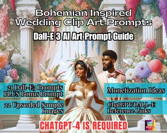 DallE ChatGPT Bohemian Wedding Clip Art Prompt Guide, Bohemian Wedding Clipart, Dalle 3 Wedding Clipart Prompts, Bohemian Bride Art Guide