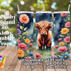 Cute Baby Highland Cow Watercolor Tumbler Wraps PNG, 20 oz Skinny Tumbler Sublimation Design, Straight & Tapered Wrap, Tumbler Wrap