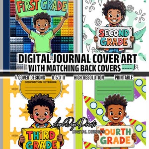 Printable Composition Notebook Cover for Black Boys, Digital Journal for Students, Back to School Supplies, Scholar Kings Kids Art PNG