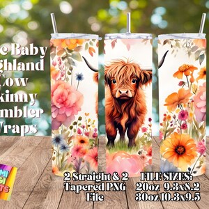 Cute Baby Highland Cow Watercolor Tumbler Wraps PNG, 20 oz Skinny Tumbler Sublimation Design, Straight & Tapered Wrap, Tumbler Wrap,