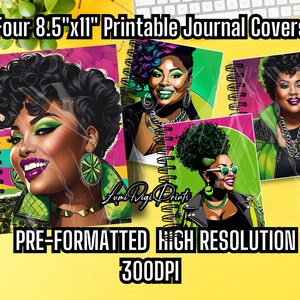 Printable Journal Covers, 4 Editable Journal Covers, Afrocentric Journal Covers, Vintage Afro Notebook Cover Art, Notebook Instant Download