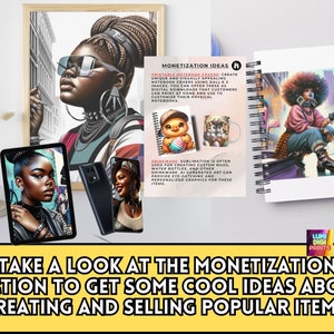 May include: A digital illustration of a woman with a colorful outfit and a cityscape background. The image is used to promote the creation of printable notebook covers, mugs, and other drinkware items. The text "Monetization Ideas" is visible in the image.