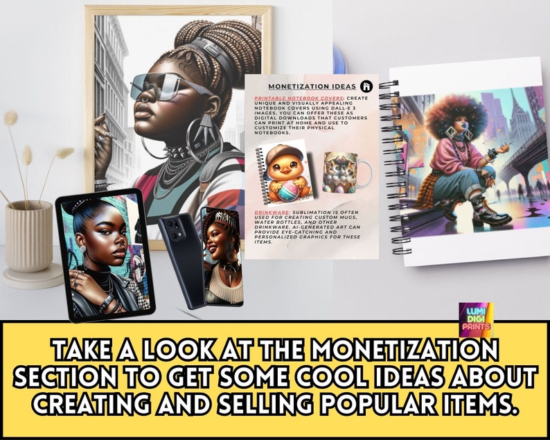 May include: A digital illustration of a woman with a colorful outfit and a cityscape background. The image is used to promote the creation of printable notebook covers, mugs, and other drinkware items. The text "Monetization Ideas" is visible in the image.
